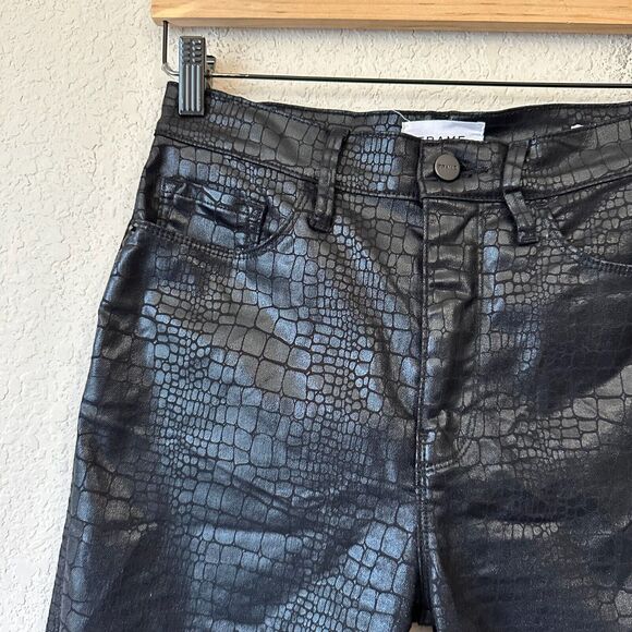 FRAME DENIM Hi-Rise Le Sylvie Slender Straight Jean in Coated Noir Croc - Picture 4 of 16